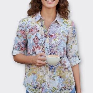 COLDWATER CREEK No Iron Shirt Button Up 3/4 Sleeve Coastal Pastel Floral 16 XL